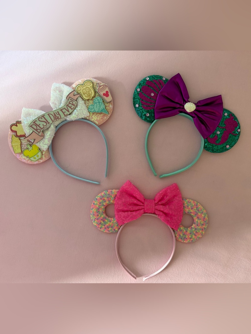 Set of 3 Sequin Mouse Ear Headbands (Best Day Ever, Ariel, Donut)